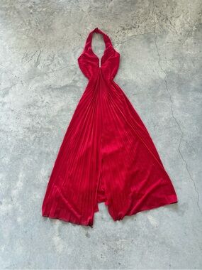 Plunging Halter Pleated Maxi Dress in Vibrant Red
